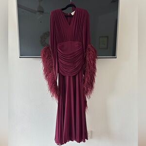 Bronx and Banco Geisha Feather Burgundy Gown